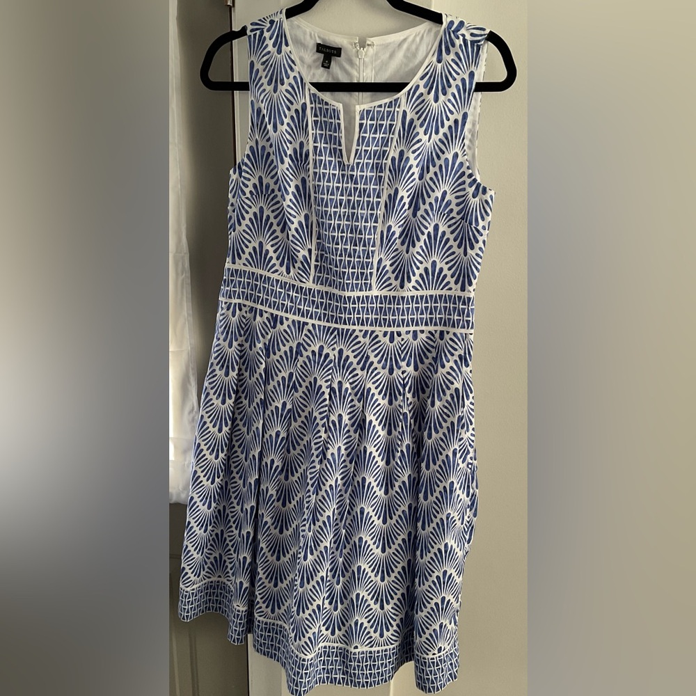 Talbots blue okay sleeveless dress with white cropped cardigan 8/ medium